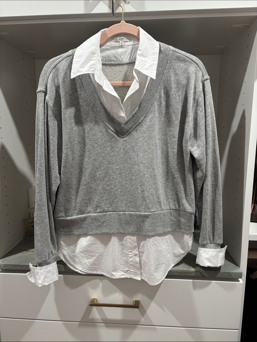 Z Supply Grey V-Neck Pullover with White Shirt Detail